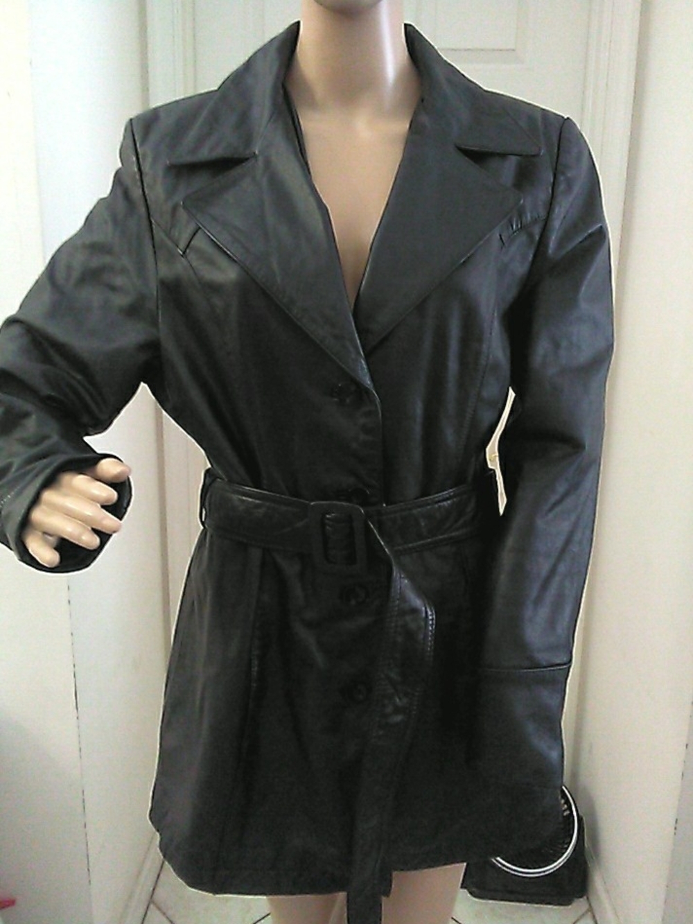 VINTAGE 80S COLEBROOK & CO. Classic Black Leather Coat W/ Belt SZ. LG EX. COND